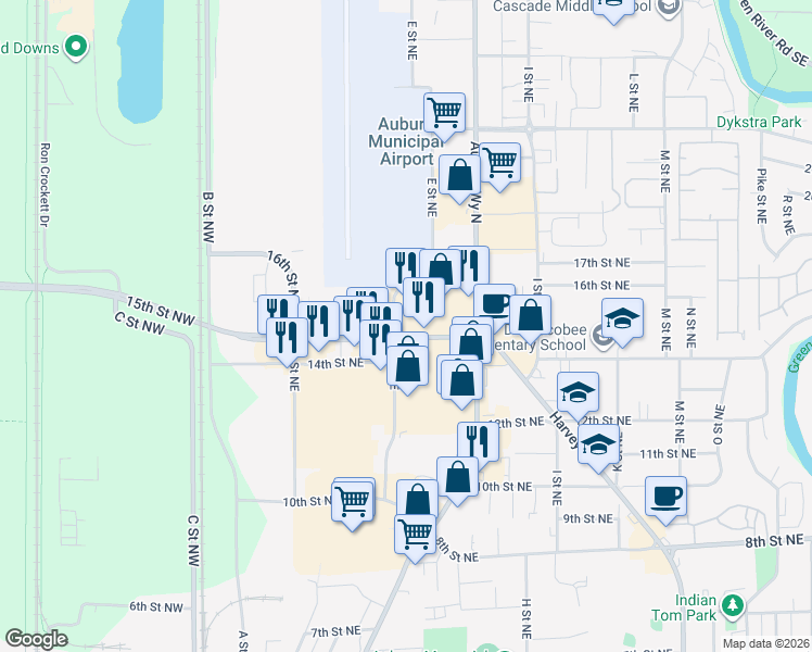 map of restaurants, bars, coffee shops, grocery stores, and more near 1498 D Street Northeast in Auburn