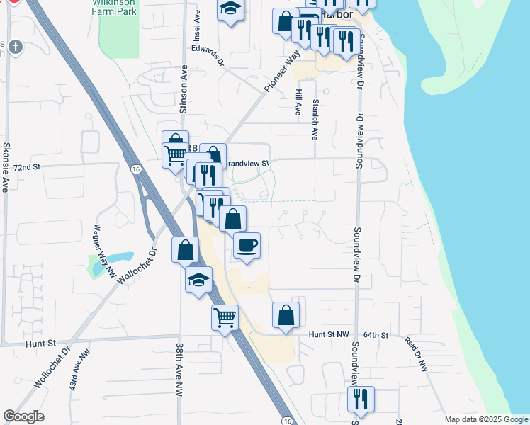 map of restaurants, bars, coffee shops, grocery stores, and more near 3405 Erickson Street in Gig Harbor