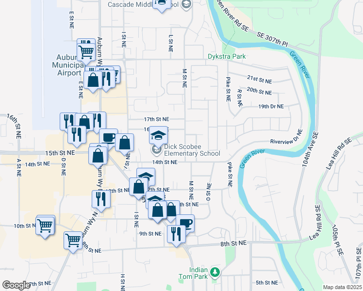 map of restaurants, bars, coffee shops, grocery stores, and more near 1515 M Street Northeast in Auburn