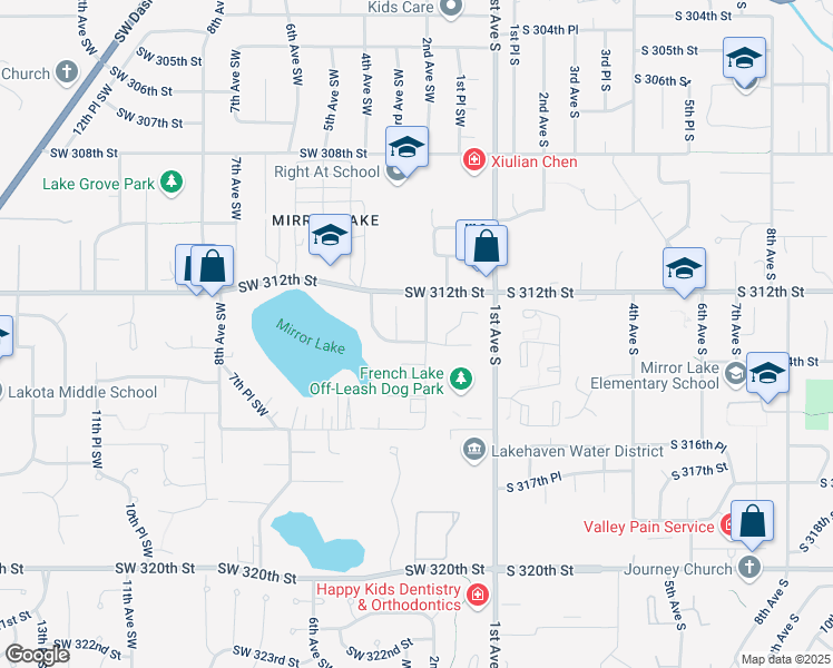 map of restaurants, bars, coffee shops, grocery stores, and more near 31210 2nd Avenue Southwest in Federal Way