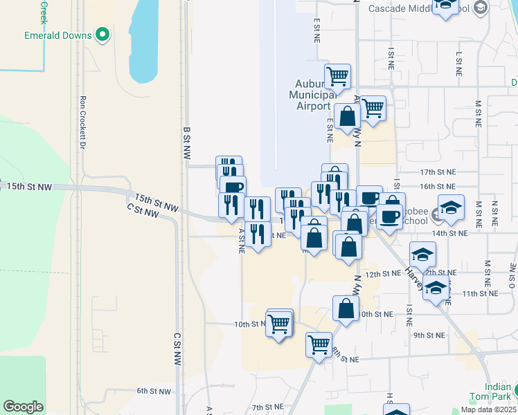 map of restaurants, bars, coffee shops, grocery stores, and more near 101 15th Street Northeast in Auburn