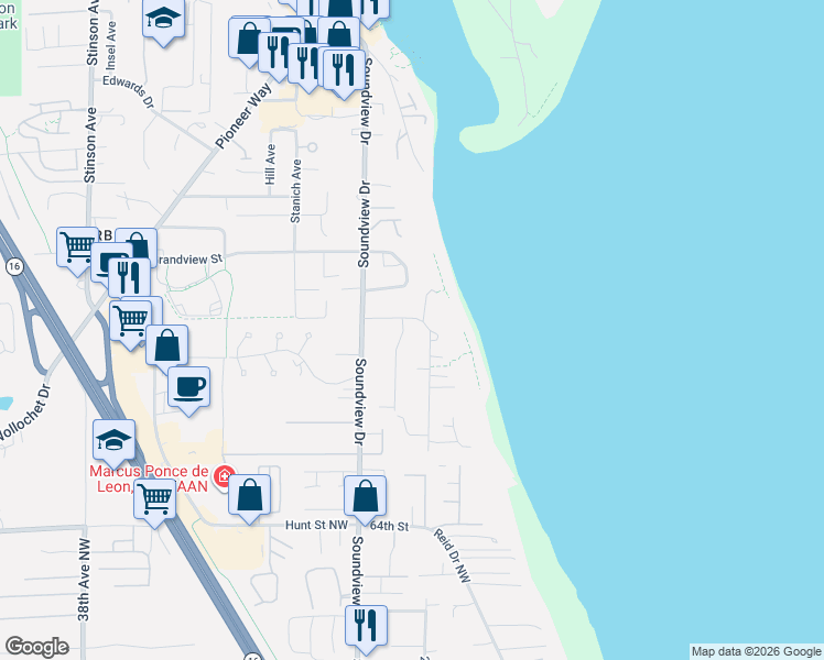 map of restaurants, bars, coffee shops, grocery stores, and more near 6917 Rainier Avenue in Gig Harbor
