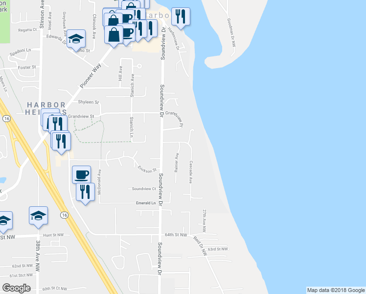 map of restaurants, bars, coffee shops, grocery stores, and more near 6917 Rainier Avenue in Gig Harbor