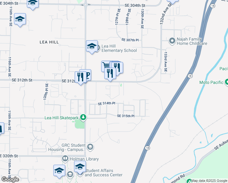 map of restaurants, bars, coffee shops, grocery stores, and more near 12725 Southeast 312th Street in Auburn