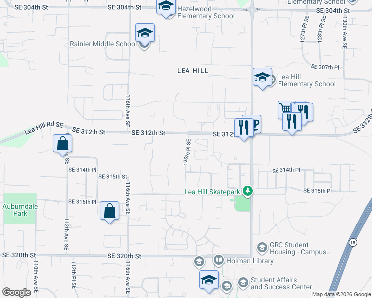 map of restaurants, bars, coffee shops, grocery stores, and more near 31221 120th Court Southeast in Auburn