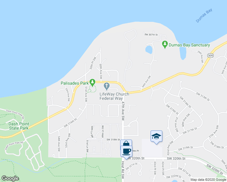 map of restaurants, bars, coffee shops, grocery stores, and more near 4735 Southwest 312th Place in Federal Way