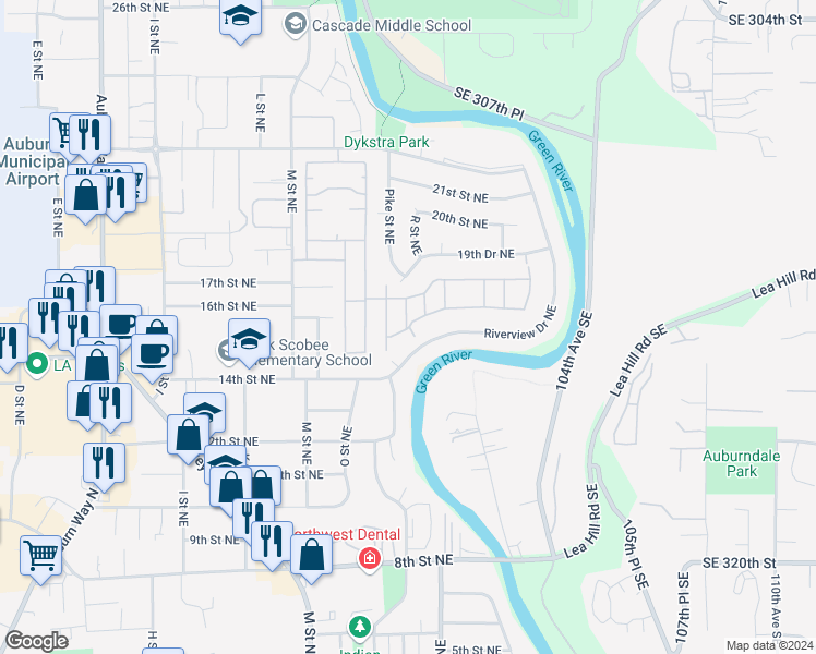 map of restaurants, bars, coffee shops, grocery stores, and more near 1508 Pike Place Northeast in Auburn