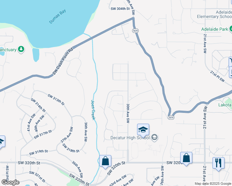 map of restaurants, bars, coffee shops, grocery stores, and more near 3204 Southwest 313th Street in Federal Way