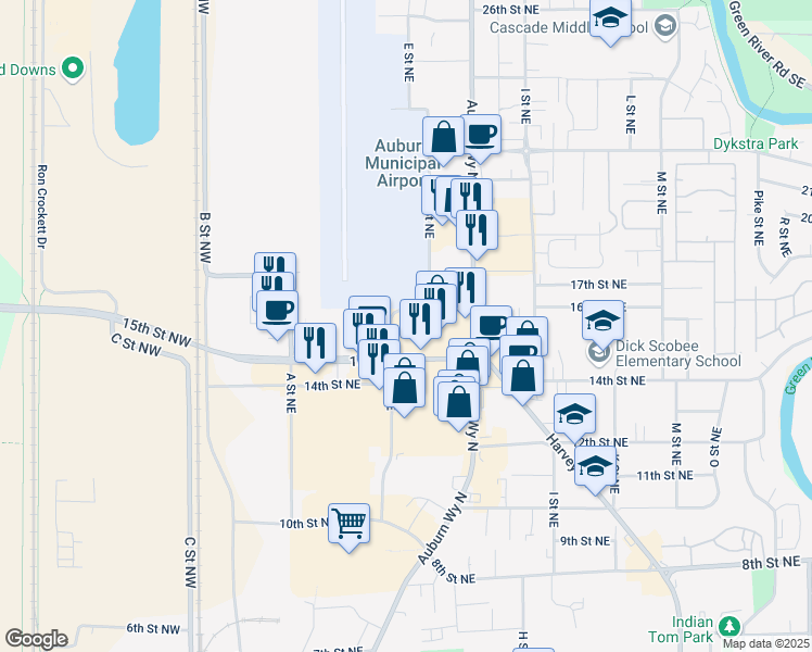 map of restaurants, bars, coffee shops, grocery stores, and more near 406 16th Street Northeast in Auburn