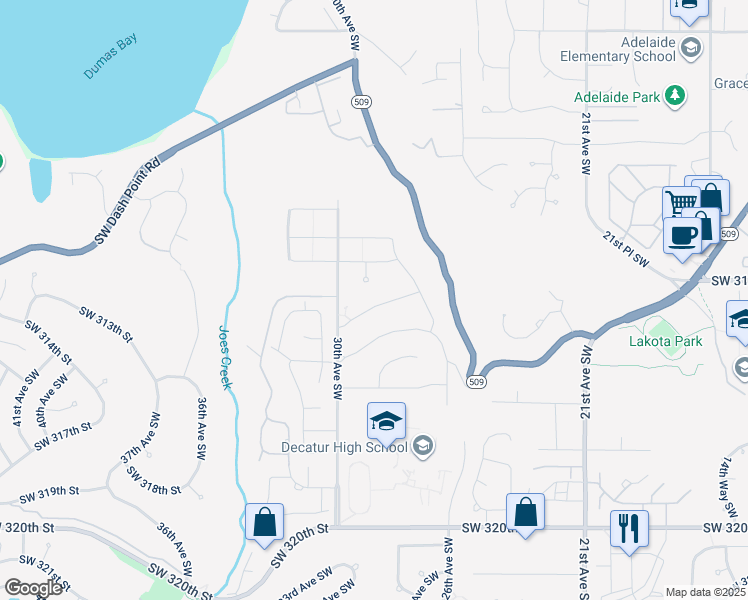 map of restaurants, bars, coffee shops, grocery stores, and more near 2750 Southwest 312th Place in Federal Way