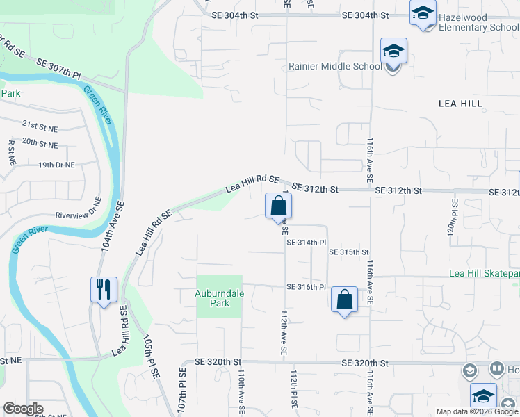 map of restaurants, bars, coffee shops, grocery stores, and more near 11012 Southeast 313th Street in Auburn