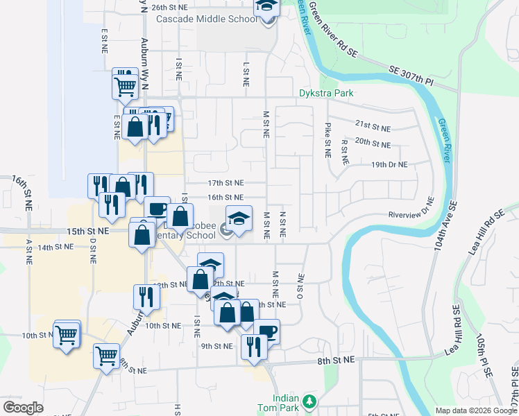 map of restaurants, bars, coffee shops, grocery stores, and more near 1301 16th Street Northeast in Auburn
