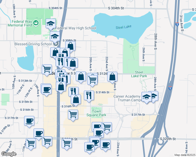 map of restaurants, bars, coffee shops, grocery stores, and more near 31224 Pete von Reichbauer Way South in Federal Way