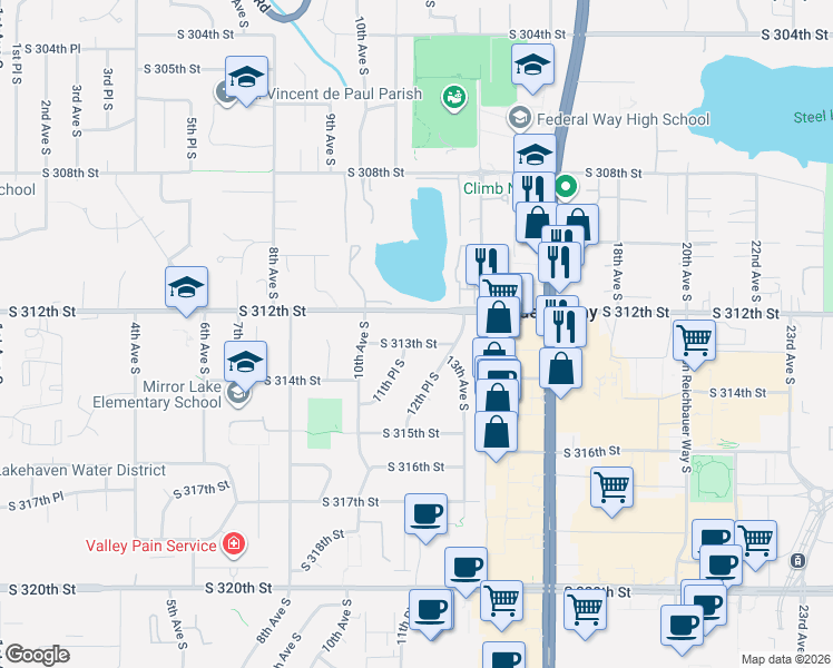 map of restaurants, bars, coffee shops, grocery stores, and more near 1139 South 312th Street in Federal Way