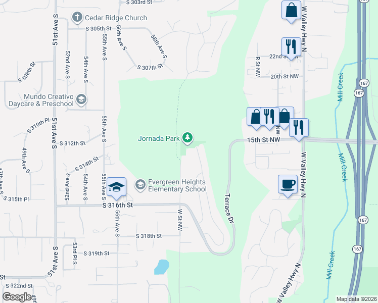 map of restaurants, bars, coffee shops, grocery stores, and more near 1433 U Court Northwest in Auburn