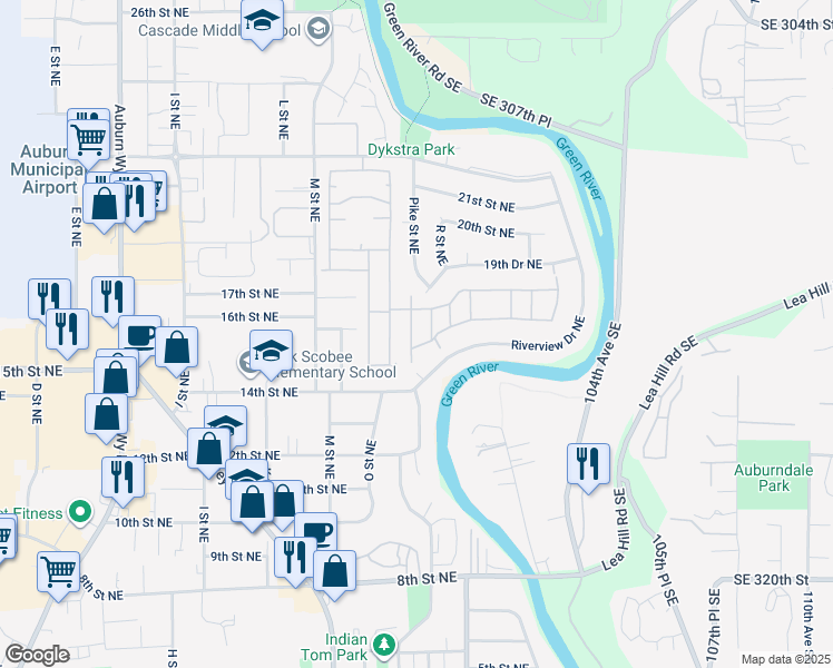map of restaurants, bars, coffee shops, grocery stores, and more near 1508 Pike Place Northeast in Auburn