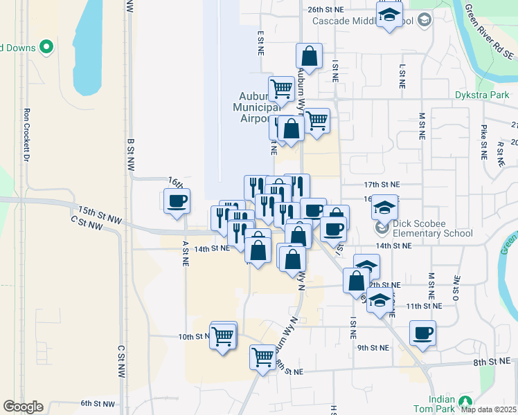 map of restaurants, bars, coffee shops, grocery stores, and more near 406 16th Street Northeast in Auburn