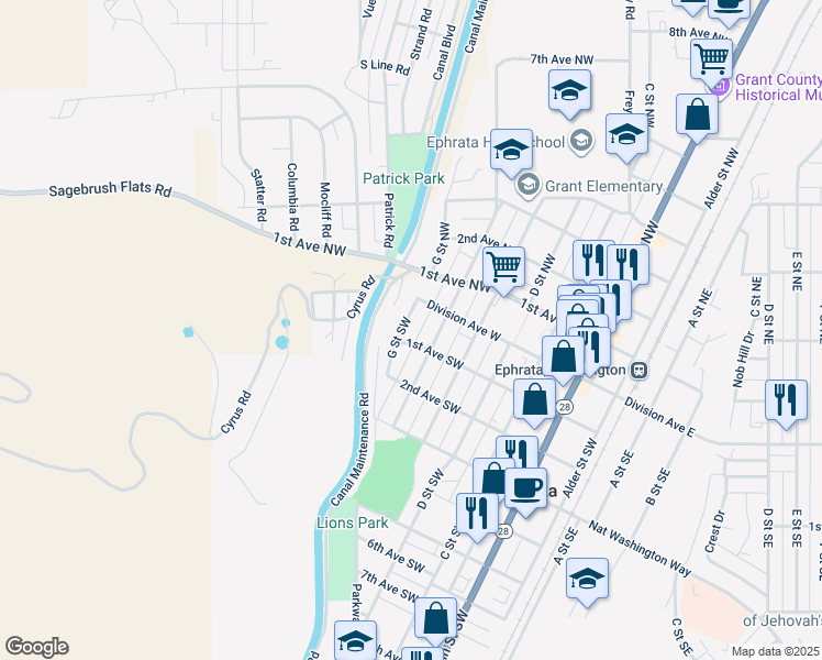 map of restaurants, bars, coffee shops, grocery stores, and more near 27 F Street Southwest in Ephrata