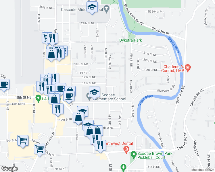 map of restaurants, bars, coffee shops, grocery stores, and more near 1301 16th Street Northeast in Auburn