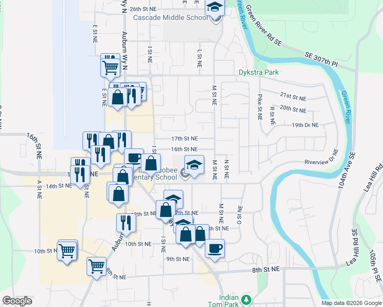 map of restaurants, bars, coffee shops, grocery stores, and more near 1102 16th Street Northeast in Auburn