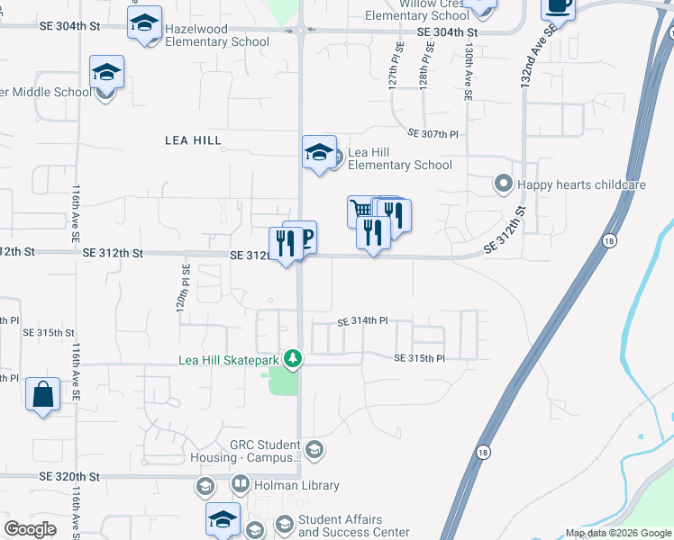map of restaurants, bars, coffee shops, grocery stores, and more near 12525 125th Avenue Southeast in Auburn