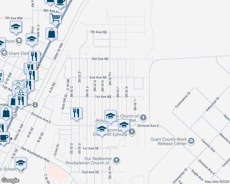map of restaurants, bars, coffee shops, grocery stores, and more near 113 J Street Northeast in Ephrata