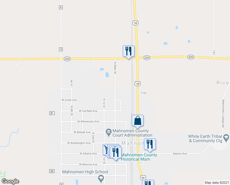 map of restaurants, bars, coffee shops, grocery stores, and more near 716 North Main Street in Mahnomen