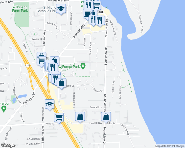 map of restaurants, bars, coffee shops, grocery stores, and more near 7013 Stanich Avenue in Gig Harbor