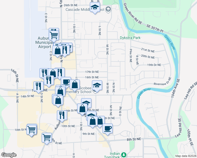 map of restaurants, bars, coffee shops, grocery stores, and more near 1102 16th Street Northeast in Auburn