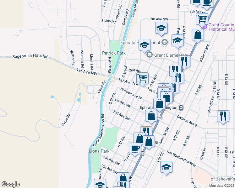 map of restaurants, bars, coffee shops, grocery stores, and more near 27 F Street Southwest in Ephrata