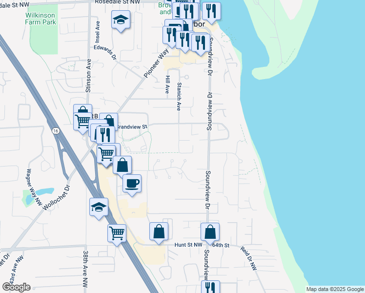 map of restaurants, bars, coffee shops, grocery stores, and more near 7013 Stanich Avenue in Gig Harbor
