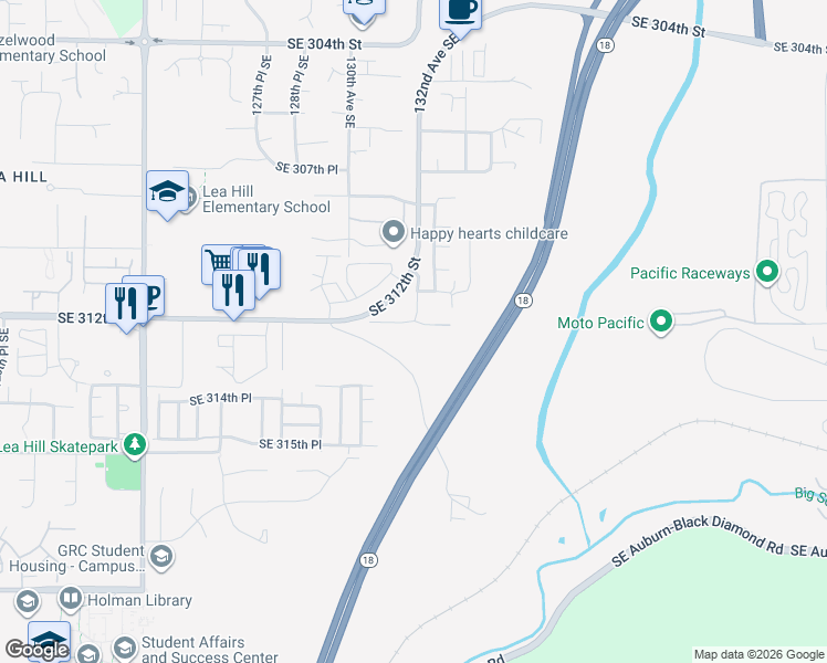 map of restaurants, bars, coffee shops, grocery stores, and more near 13129 Southeast 312th Street in Auburn