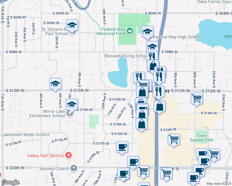 map of restaurants, bars, coffee shops, grocery stores, and more near 1139 South 312th Street in Federal Way