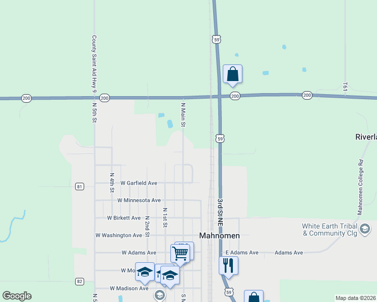 map of restaurants, bars, coffee shops, grocery stores, and more near 716 North Main Street in Mahnomen