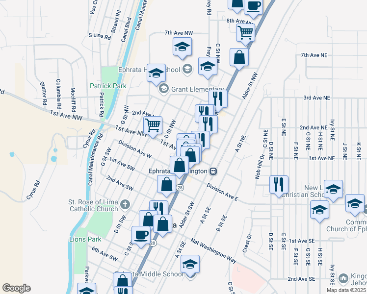 map of restaurants, bars, coffee shops, grocery stores, and more near 229 1st Avenue Northwest in Ephrata