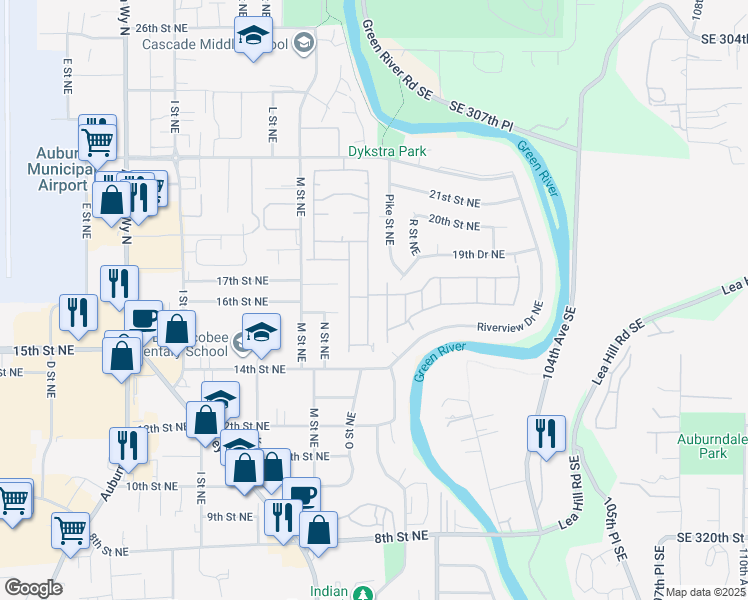 map of restaurants, bars, coffee shops, grocery stores, and more near 1402 22nd Street Northeast in Auburn
