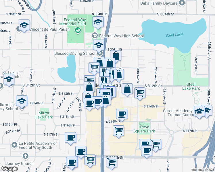map of restaurants, bars, coffee shops, grocery stores, and more near  in Federal Way