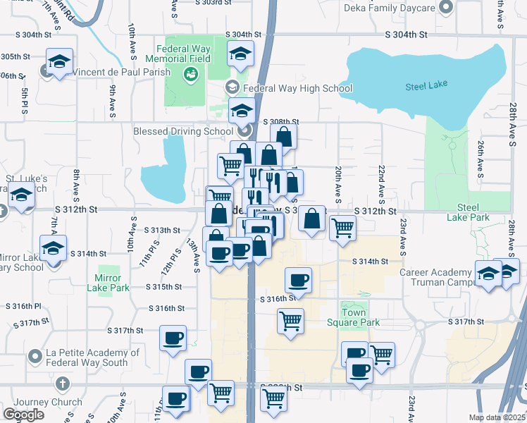 map of restaurants, bars, coffee shops, grocery stores, and more near in Federal Way