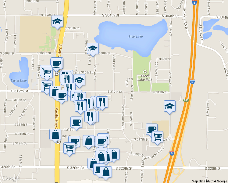 map of restaurants, bars, coffee shops, grocery stores, and more near 2201 South 312th Street in Federal Way