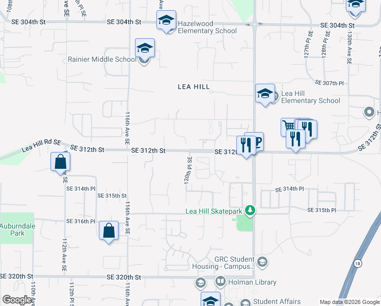 map of restaurants, bars, coffee shops, grocery stores, and more near 31217 120th Place SE in Auburn