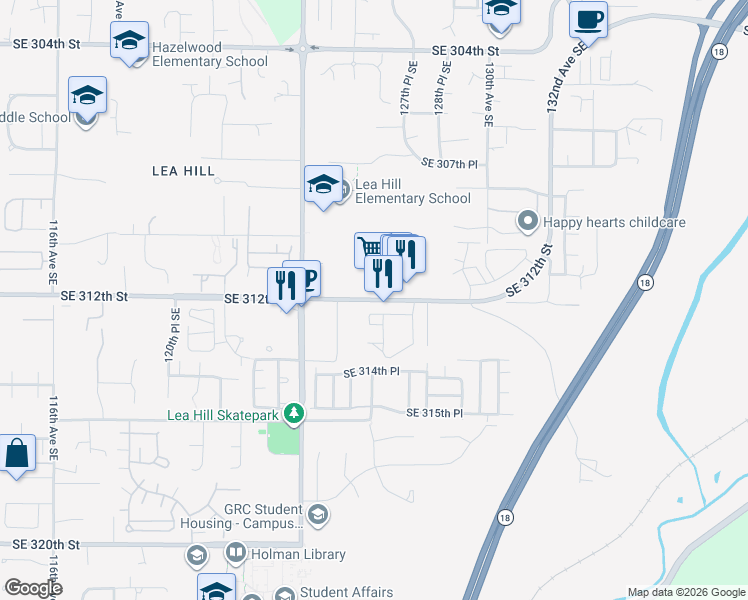 map of restaurants, bars, coffee shops, grocery stores, and more near 12579-12725 Southeast 312th Street in Auburn