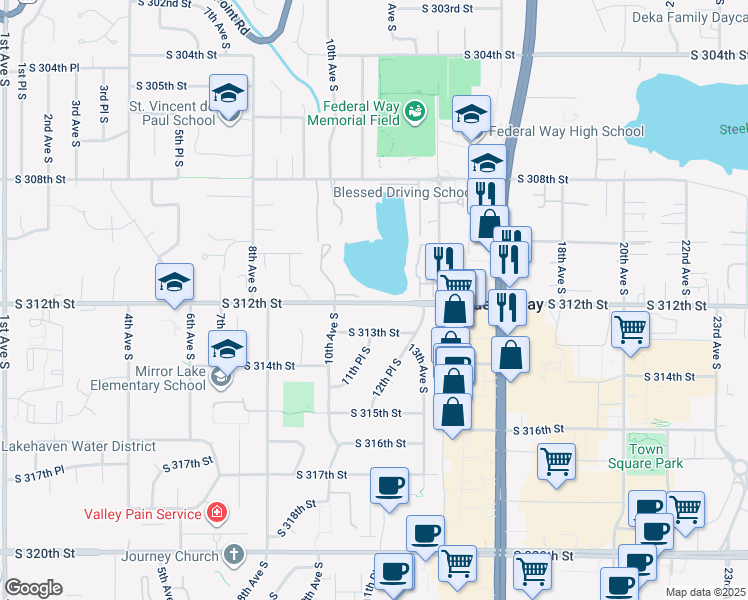 map of restaurants, bars, coffee shops, grocery stores, and more near 1139 South 312th Street in Federal Way