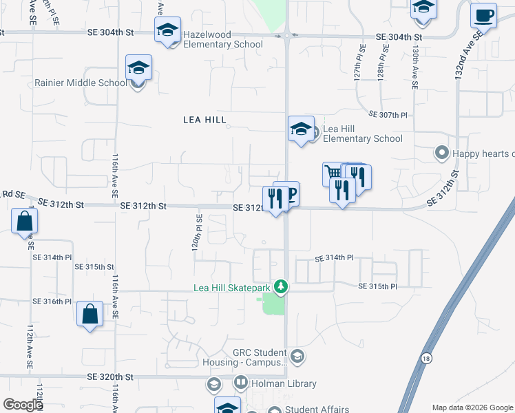 map of restaurants, bars, coffee shops, grocery stores, and more near 12210 Southeast 312th Street in Auburn