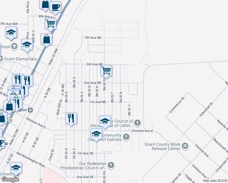 map of restaurants, bars, coffee shops, grocery stores, and more near 113 J Street Northeast in Ephrata