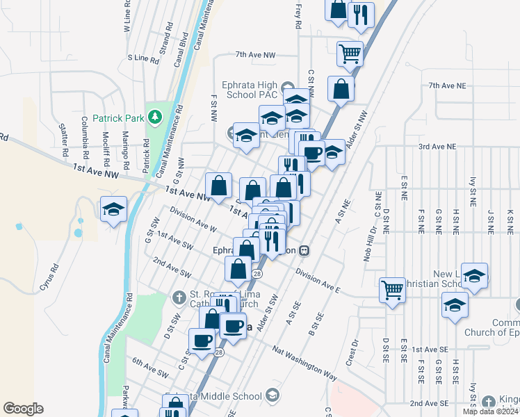 map of restaurants, bars, coffee shops, grocery stores, and more near 229 1st Avenue Northwest in Ephrata