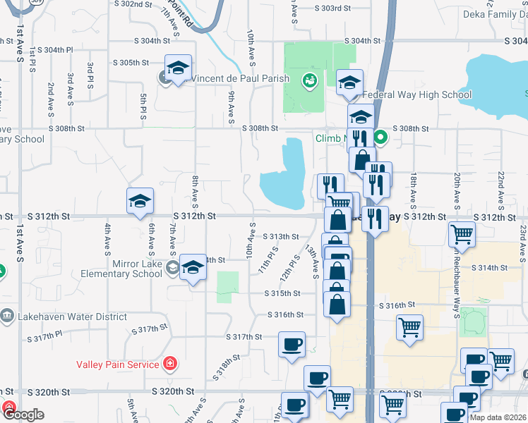 map of restaurants, bars, coffee shops, grocery stores, and more near 1002 South 312th Street in Federal Way