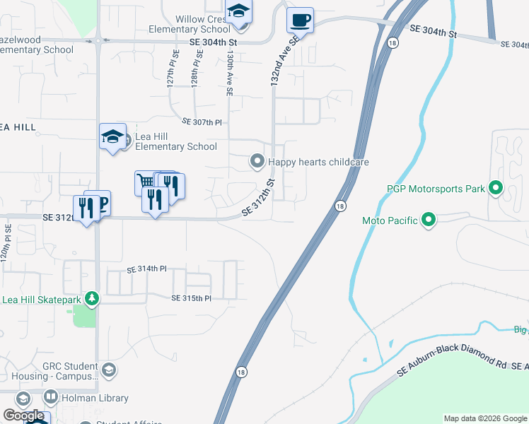 map of restaurants, bars, coffee shops, grocery stores, and more near 13129 Southeast 312th Street in Auburn