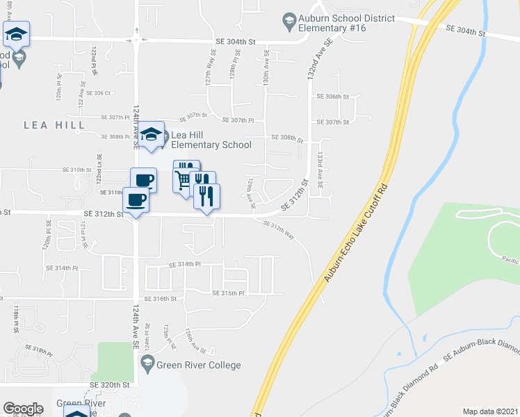 map of restaurants, bars, coffee shops, grocery stores, and more near 12902 Southeast 312th Street in Auburn