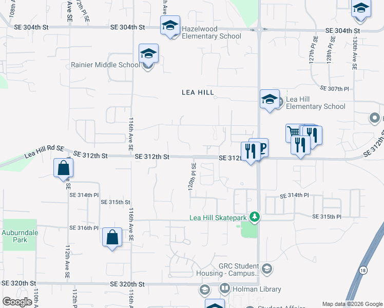 map of restaurants, bars, coffee shops, grocery stores, and more near 31217 120th Place Southeast in Auburn