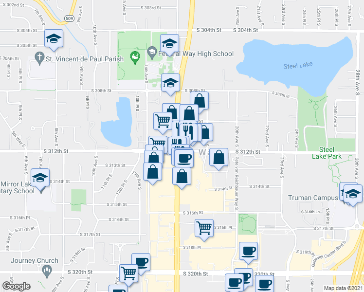 map of restaurants, bars, coffee shops, grocery stores, and more near 31130 Pacific Highway South in Federal Way